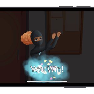 Cartoon ninja celebrating victory with glowing 'YOU WIN!' text.