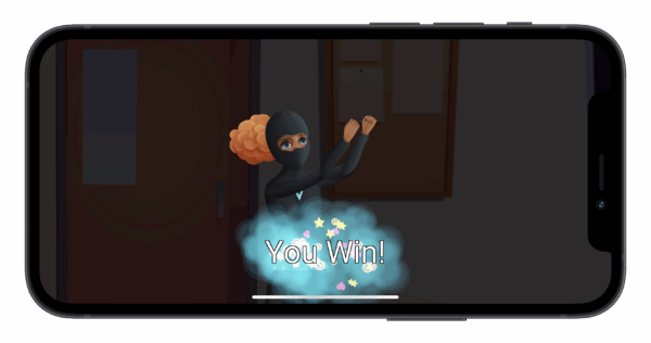 Cartoon ninja celebrating victory with glowing 'YOU WIN!' text.