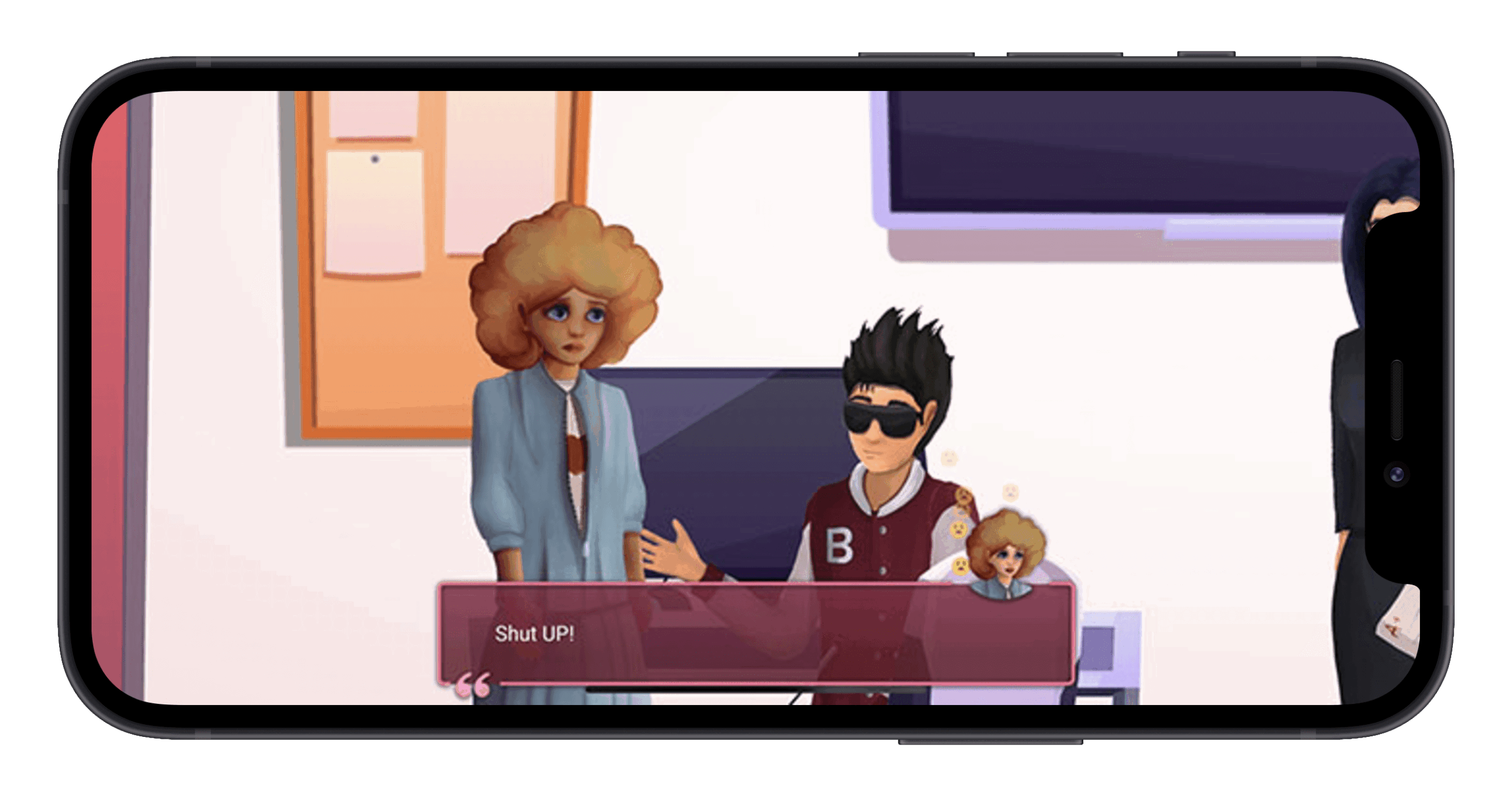 Animated scene of a woman and a man at a desk with a dog and a TV in the background.