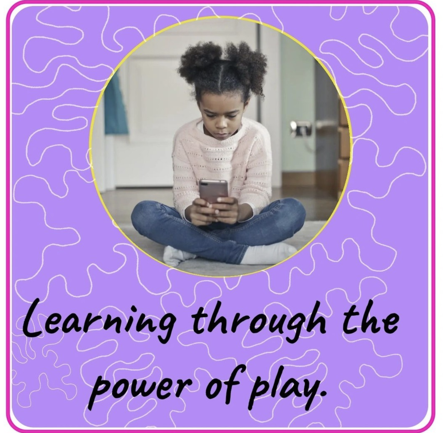 Child learning with a smartphone, playful background.