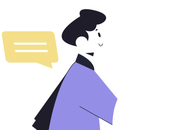 Illustration of a person with a speech bubble, gesturing with one hand.